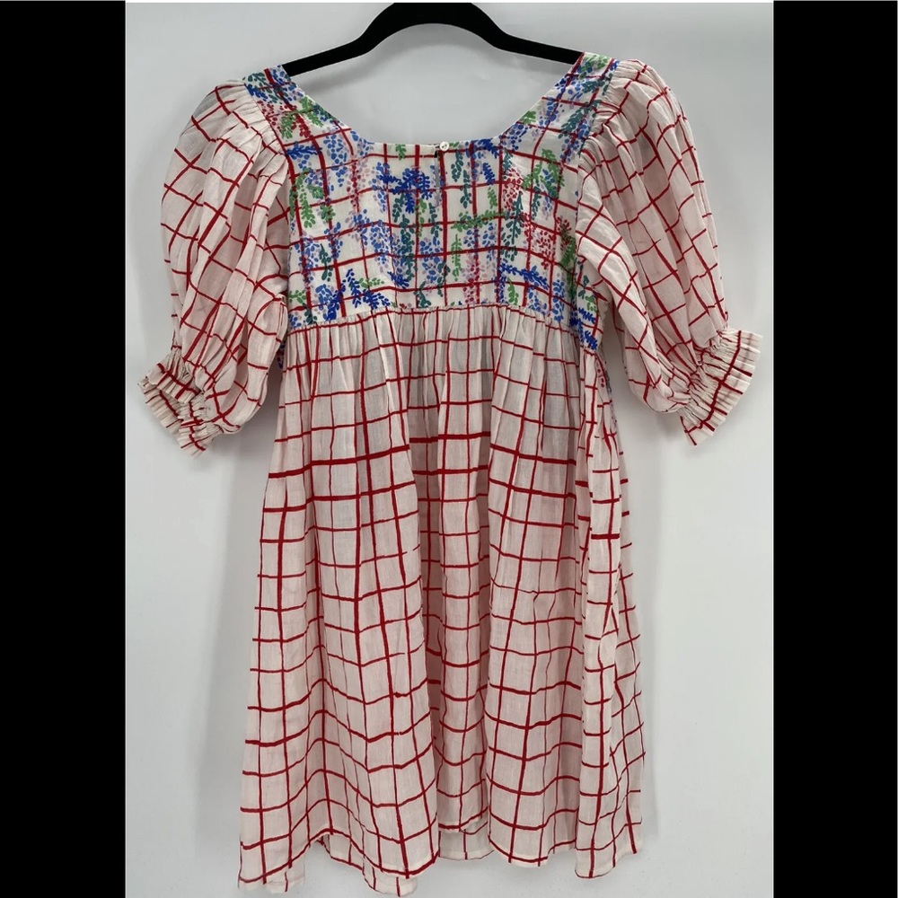 EUC; Mii Aux Cyclades Size XS Red Check/Floral Puff Sleeve Babydoll Top